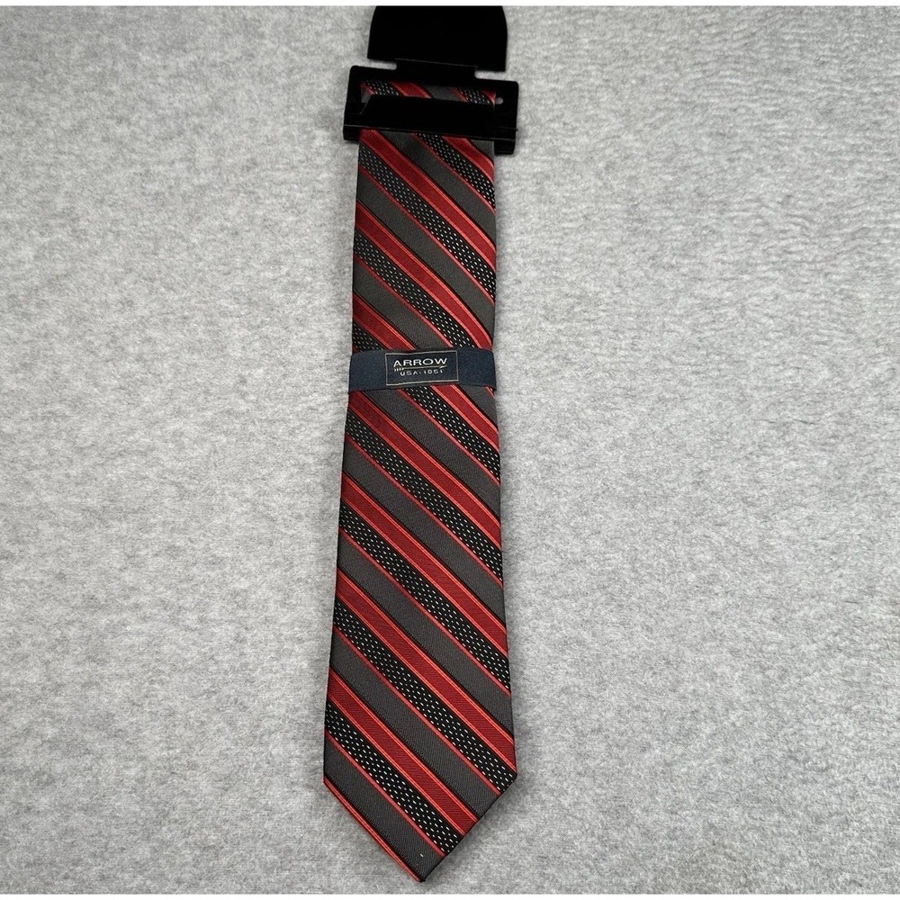 Arrow Men's Tie Red Black Repp Striped Polyester Tie Modern Classic NWT